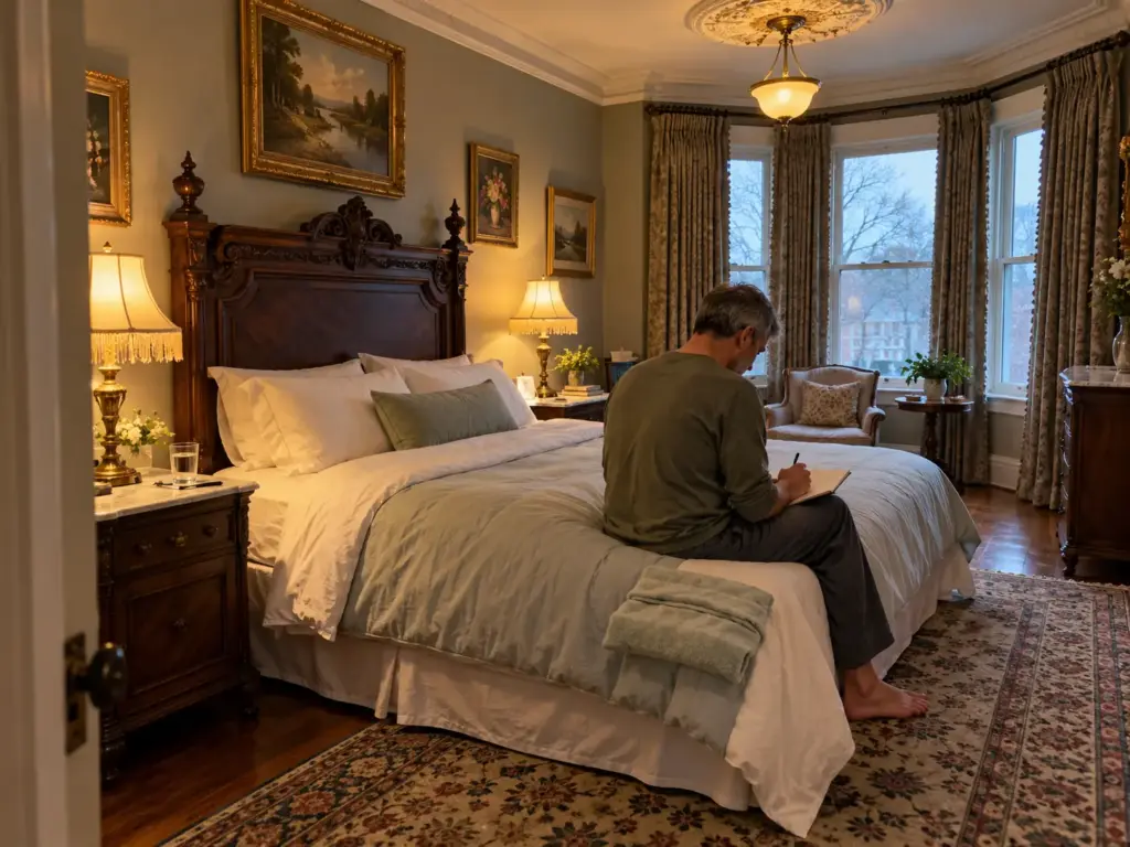 Man seen from behind sitting on the edge of a made queen bed writing in a small notebook beside the lamp