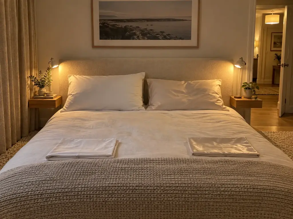 A made bed with two pillows of different heights in different cases, each with a folded spare case beside it