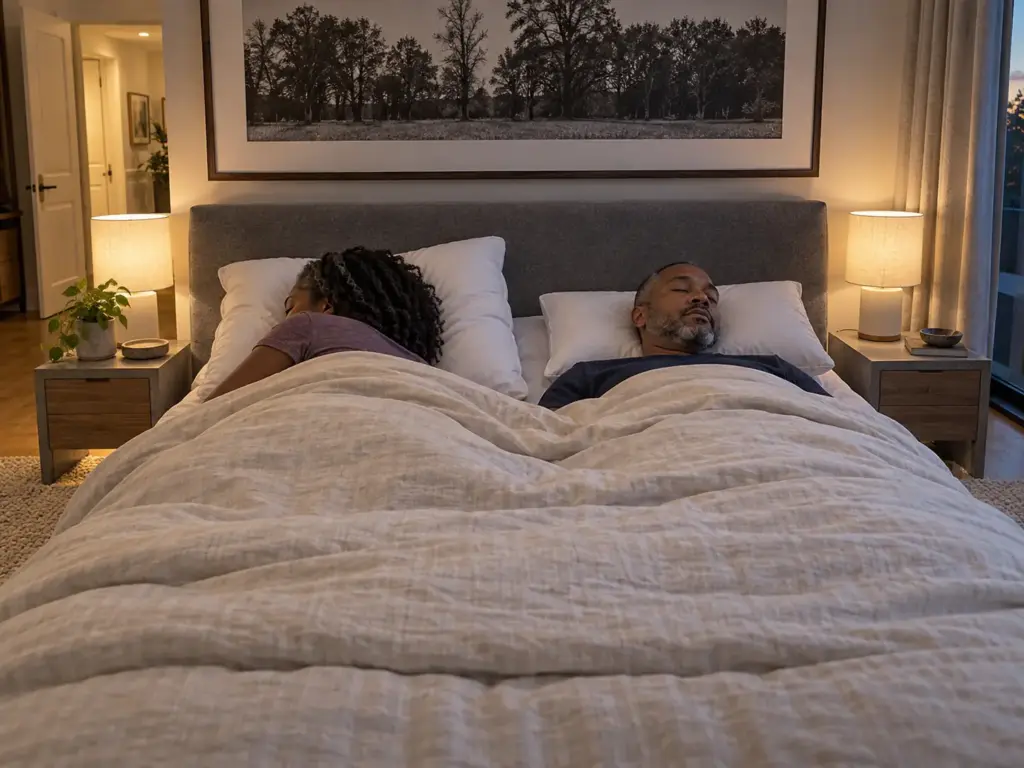 A couple lying in one bed on two different pillows, she on a tall down one and he on a thin flat one