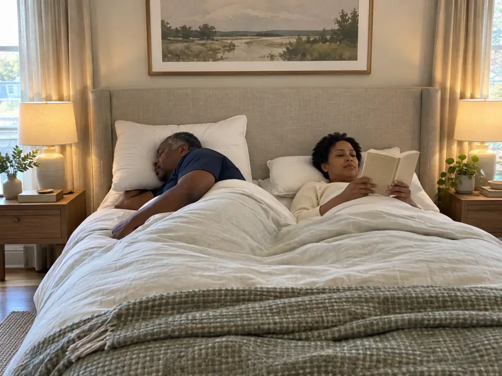 Couple in bed on a Sunday morning, he on his side on a tall pillow and she on her back reading on a flatter one