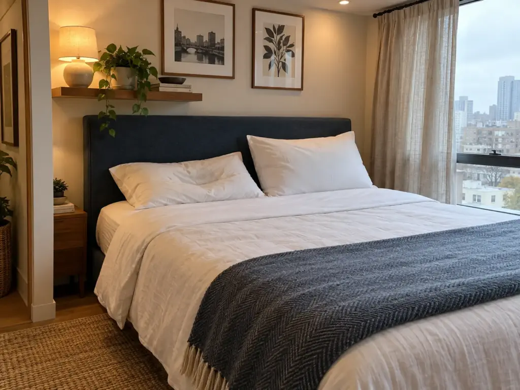 Two pillows lean against a headboard, one flat with a dished middle and one full, seen side-on at pillow height