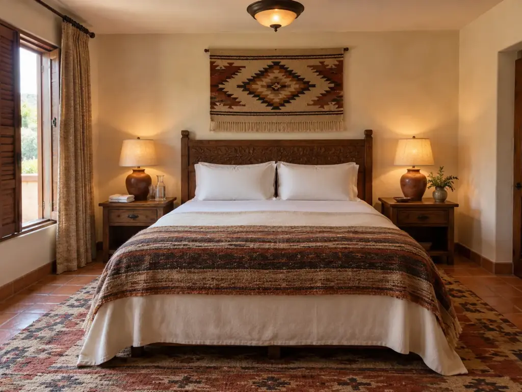 Calm made bed with two plumped pillows in a Southwestern bedroom, shutters open, a fresh pillowcase on the nightstand