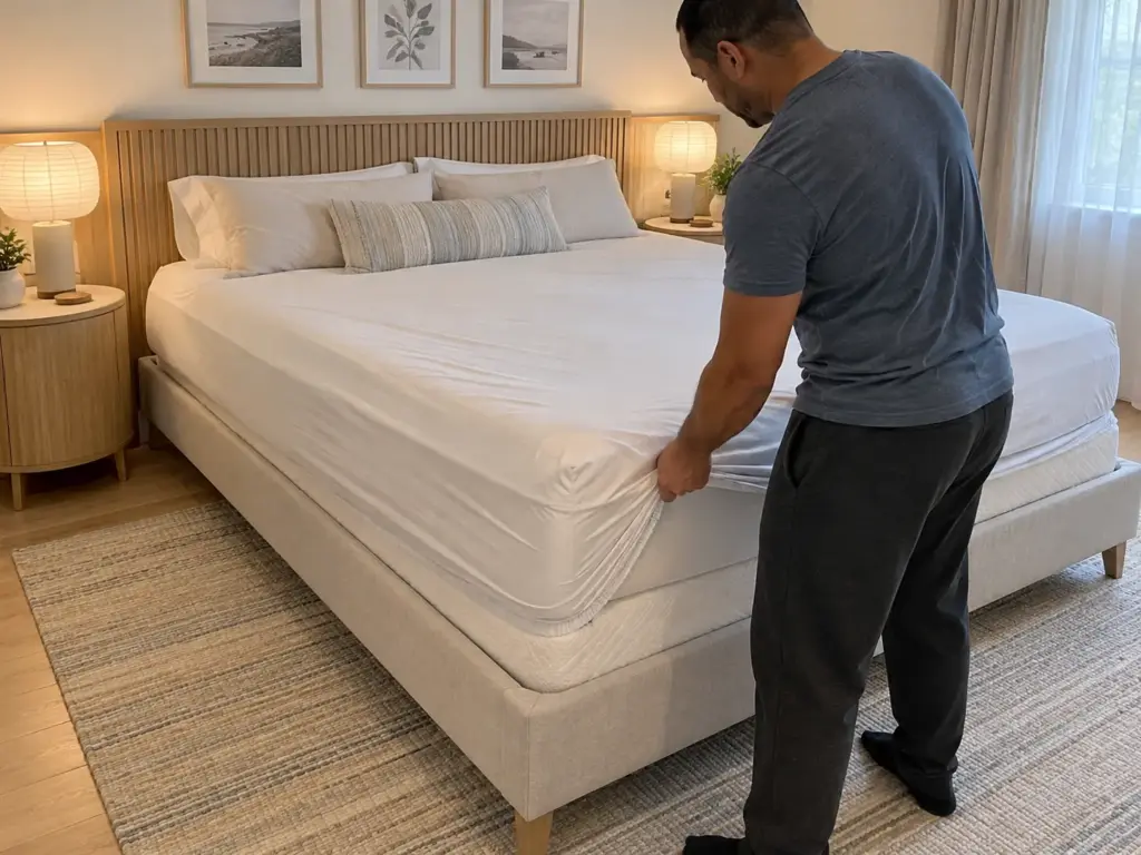 A man in a slate-blue henley pulls a deep fitted sheet over the corner of a tall queen mattress topped with a thick layer