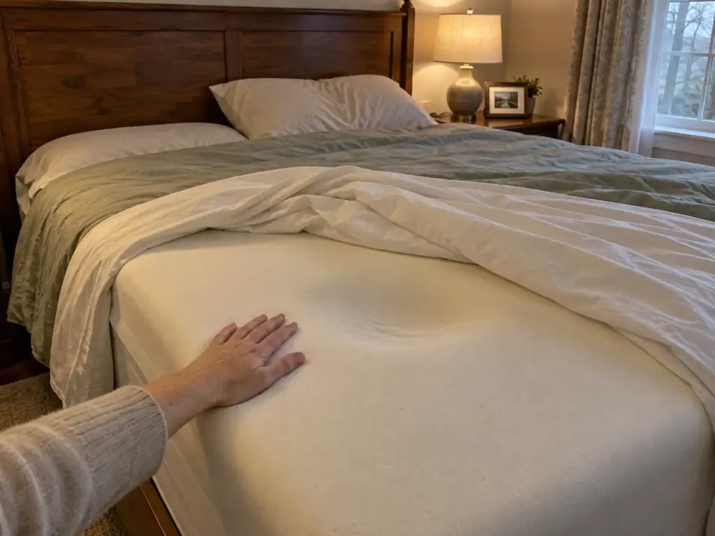A shallow dent in the sleeping spot of a worn foam topper under the fitted sheet, a hand resting beside it
