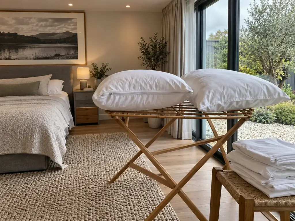 Two pillows and a folded zippered protector drying on a rack beside a glazed wall in a bright bedroom