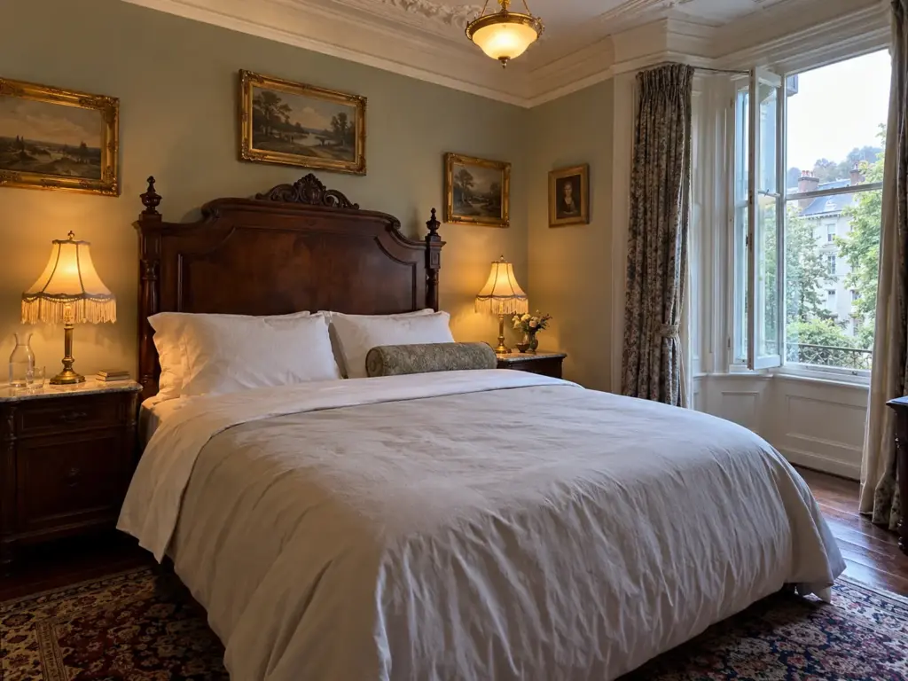 Empty made queen bed in a Victorian bedroom with the bay window open and a long pillow along one side
