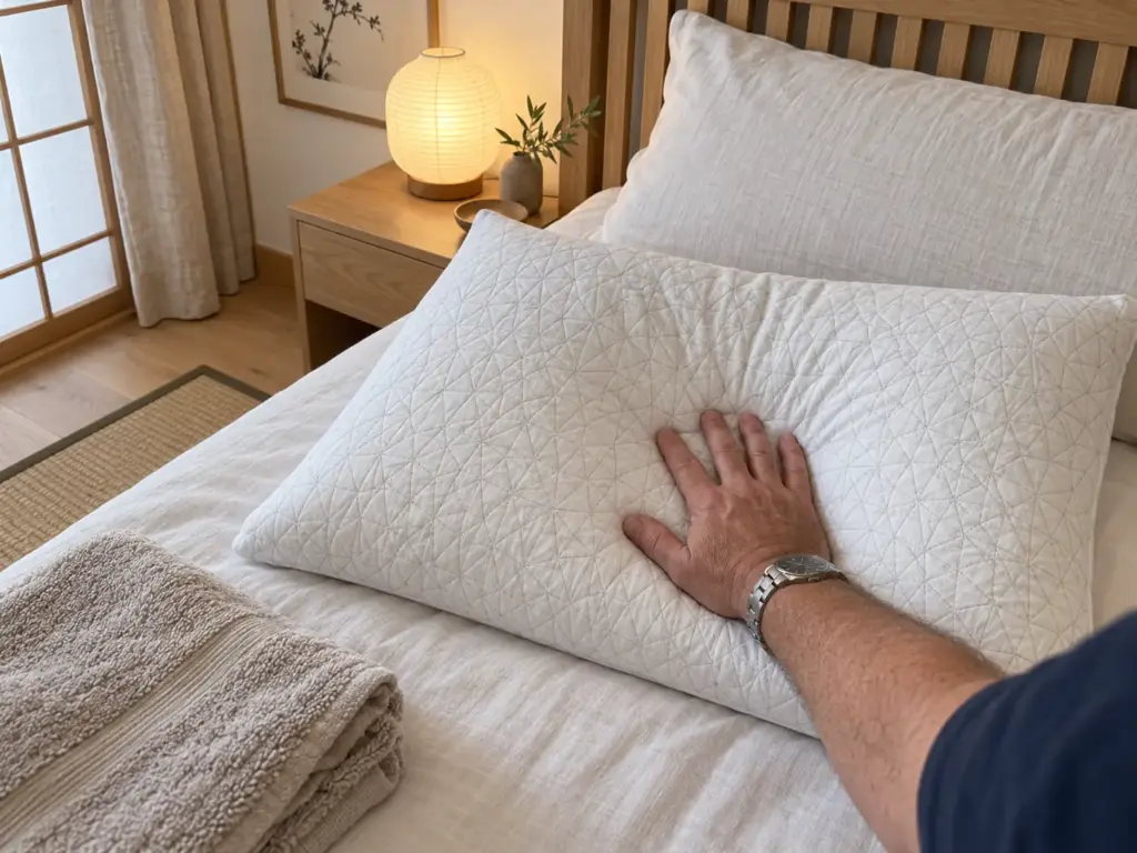 Shredded memory foam pillow with a shallow slept-in dent on a made bed and a hand pressing its middle